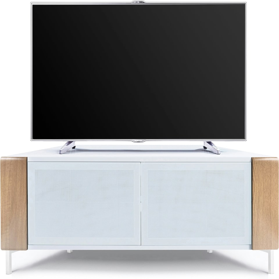 image 1 of MDA Designs CORVUS Corner-Friendly Gloss White Contemporary Cabinet with Oak Profiles White BeamThru Glass Doors Suitable for Flat Screen TVs up to 50" | Multi | 1