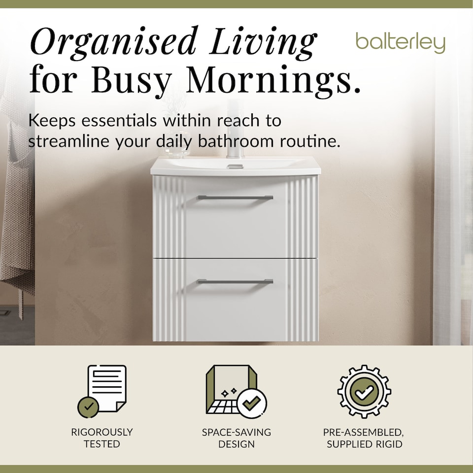 image 1 of Balterley Partial Fluted 2 Drawer Wall Hung Vanity Unit with 1 Tap Hole Curved Basin | White | Satin White