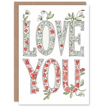 Love You Floral Typography Anniversary Valentines Day Card For Her