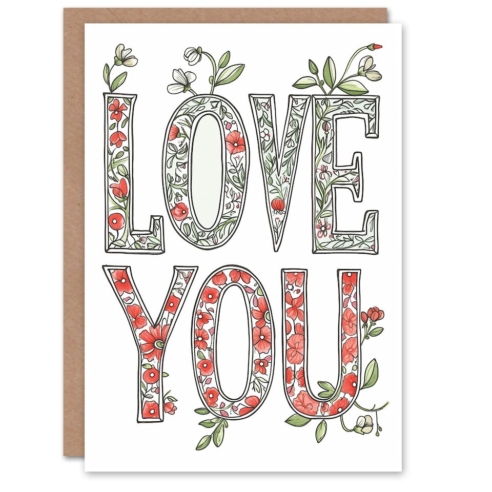 image 1 of Love You Floral Typography Anniversary Valentines Day Card For Her