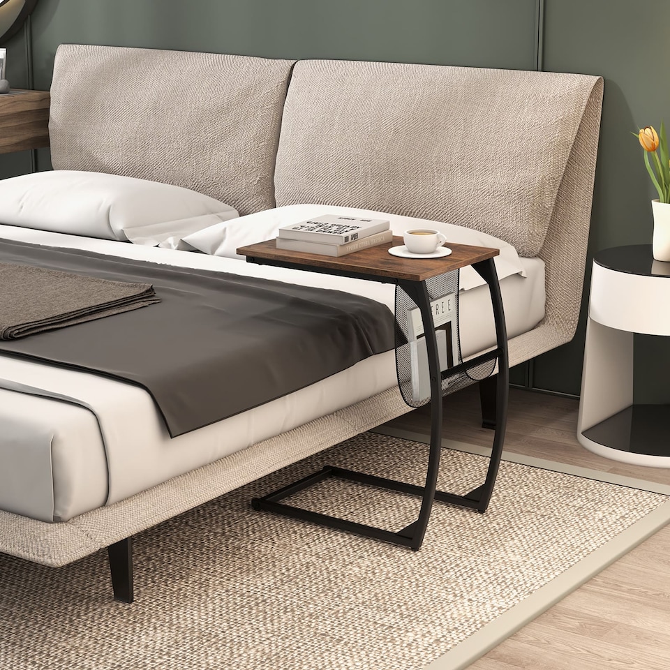 image 1 of COSTWAY C Shaped Side Table Compact Sofa Side Table with Mesh Bag