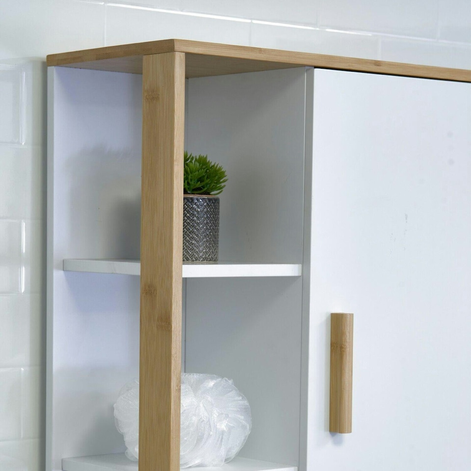 image 1 of Showerdrape Cassino Matt White & Bamboo Wall Bathroom Cabinet with Display Shelves