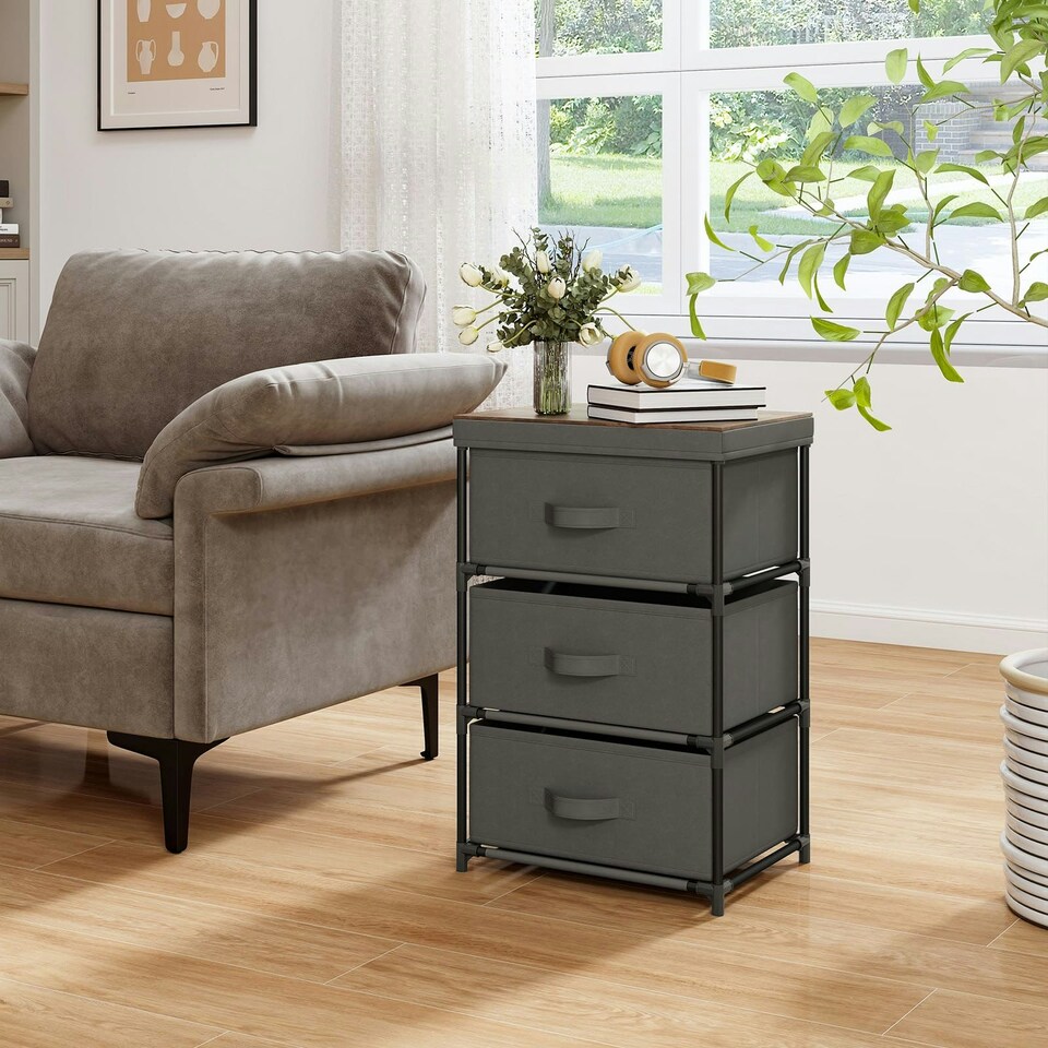 image 1 of COSTWAY Set of 2 3-Tier Fabric Dresser Fabric Nightstand Grey Grey