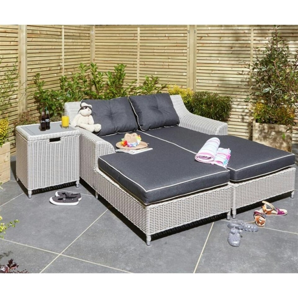image 1 of 2 Seater Putty Grey Rattan Weave Garden Sun Lounger Set