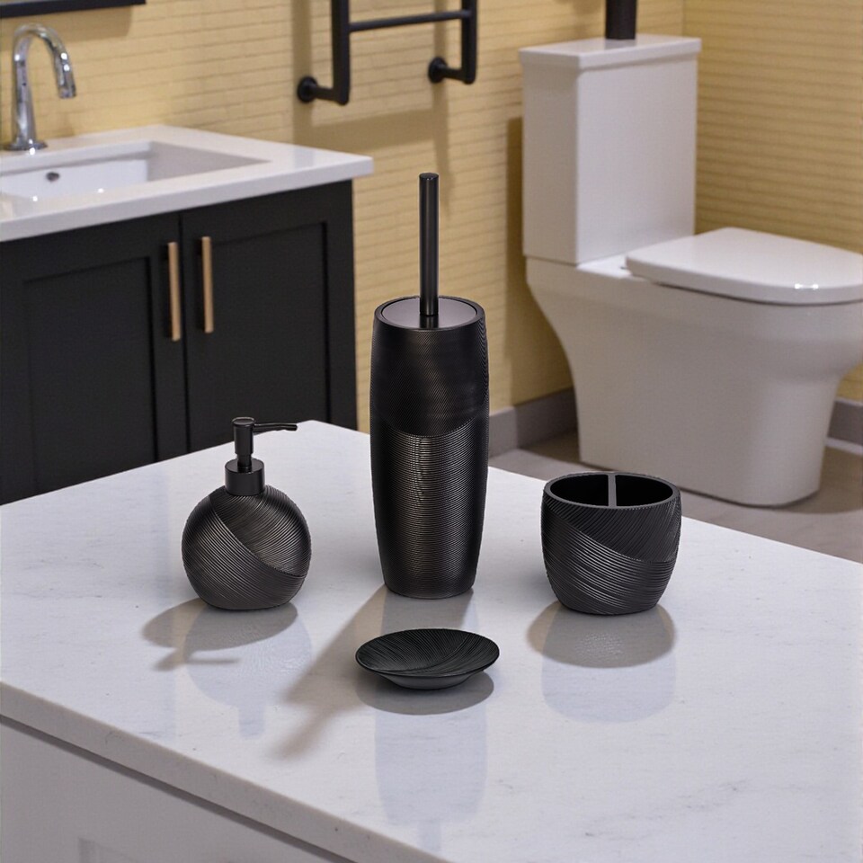 image 1 of Ripple Black Textured 4 Piece Bathroom Accessory Set | Black | Black | 1