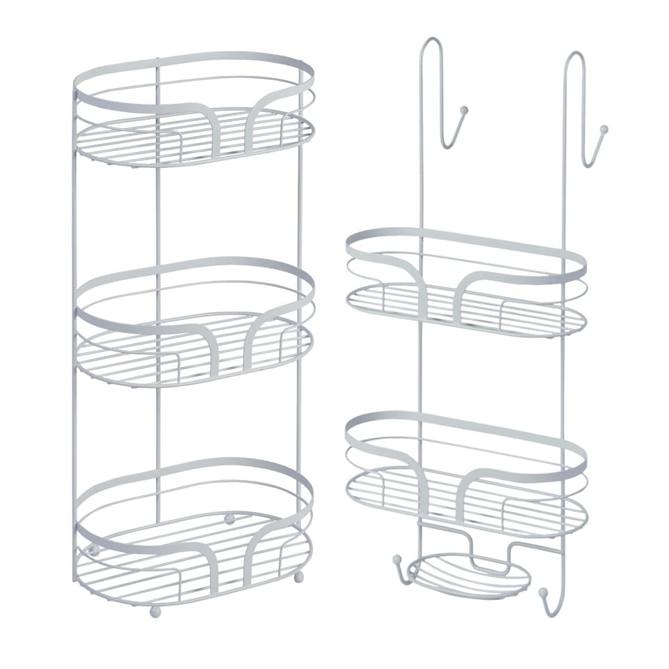 image 1 of Showerdrape Dante White Freestanding Floor Caddy and 2 Tier Over Door Hook Shower Caddy | White | White | 1