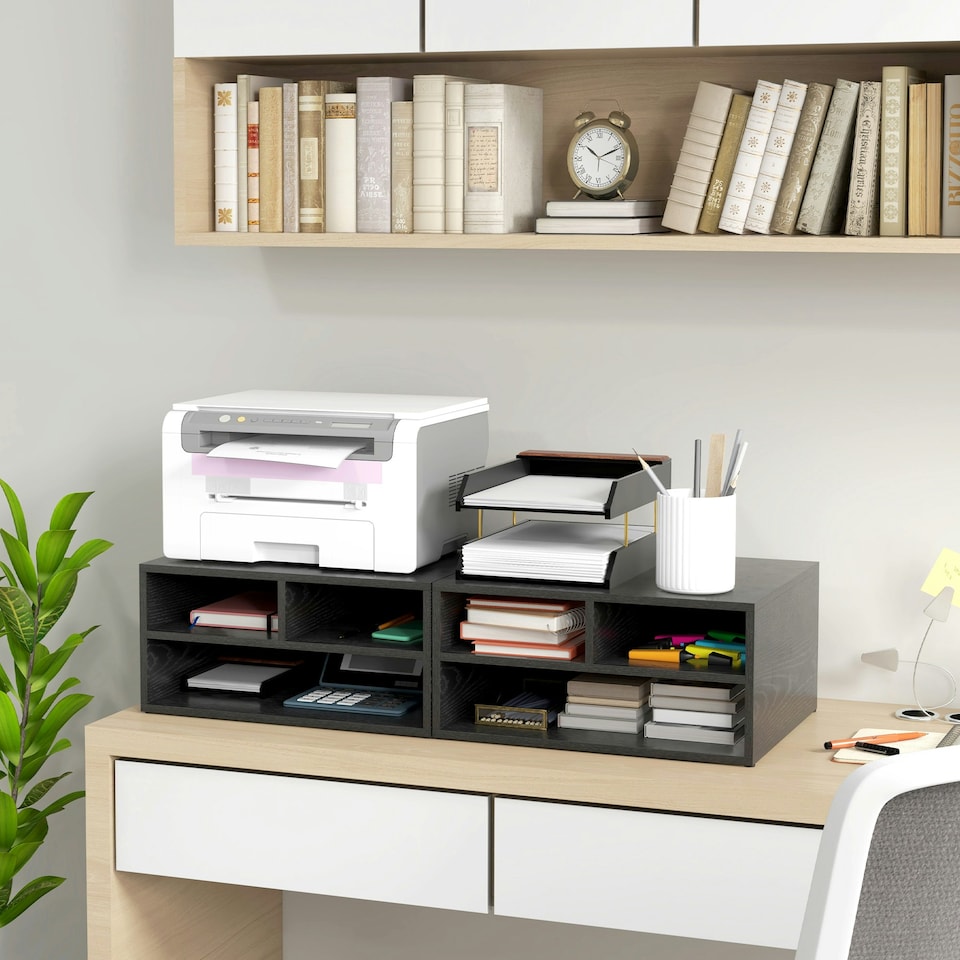 image 1 of HOMCOM Desktop Printer Stand with 3 Open Compartments, Desk Organiser, Black