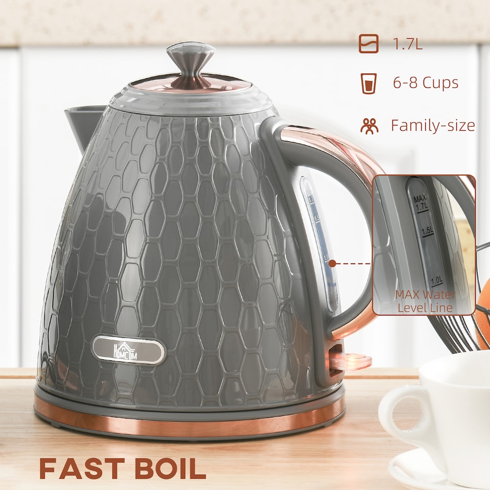 image 1 of HOMCOM Electric Kettle, Fast Boil, 1.7L, 3kW, Swivel, Auto Shut-off, Grey