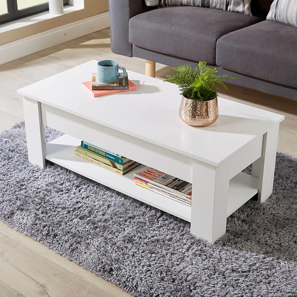 image 1 of Wooden Coffee Table With Lift Up Top Storage Area and Magazine Shelf | White