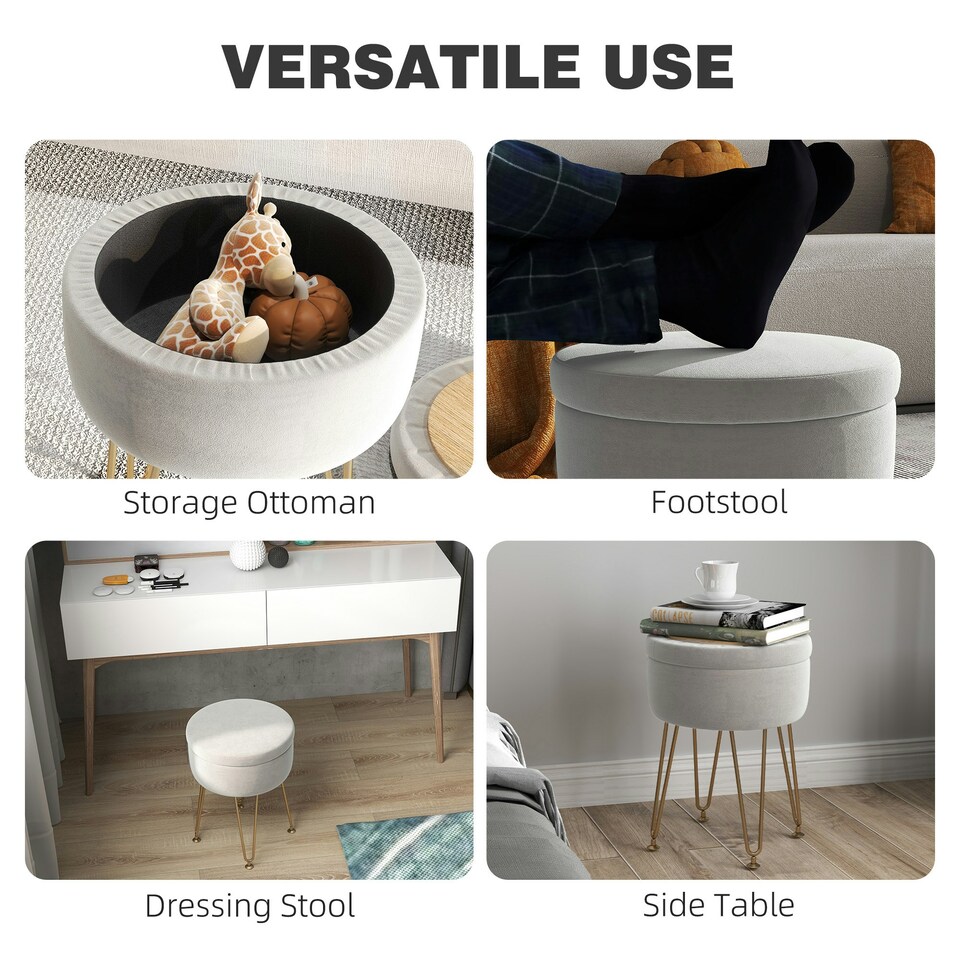 image 1 of HOMCOM 5L Velvet Footstool with Removable Lid for Bedroom, Cream White