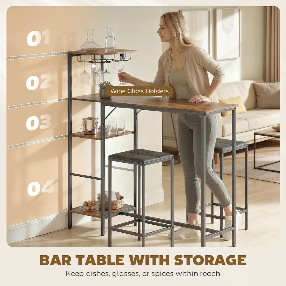 image 1 of HOMCOM 3Pcs Breakfast Bar Table and Stools Set 4-tier shelving | Black | Rustic Brown, Black | Table: 122W x 39.5D x 122.3H cm; Stool: 30.5W x 30.5D x 60H cm