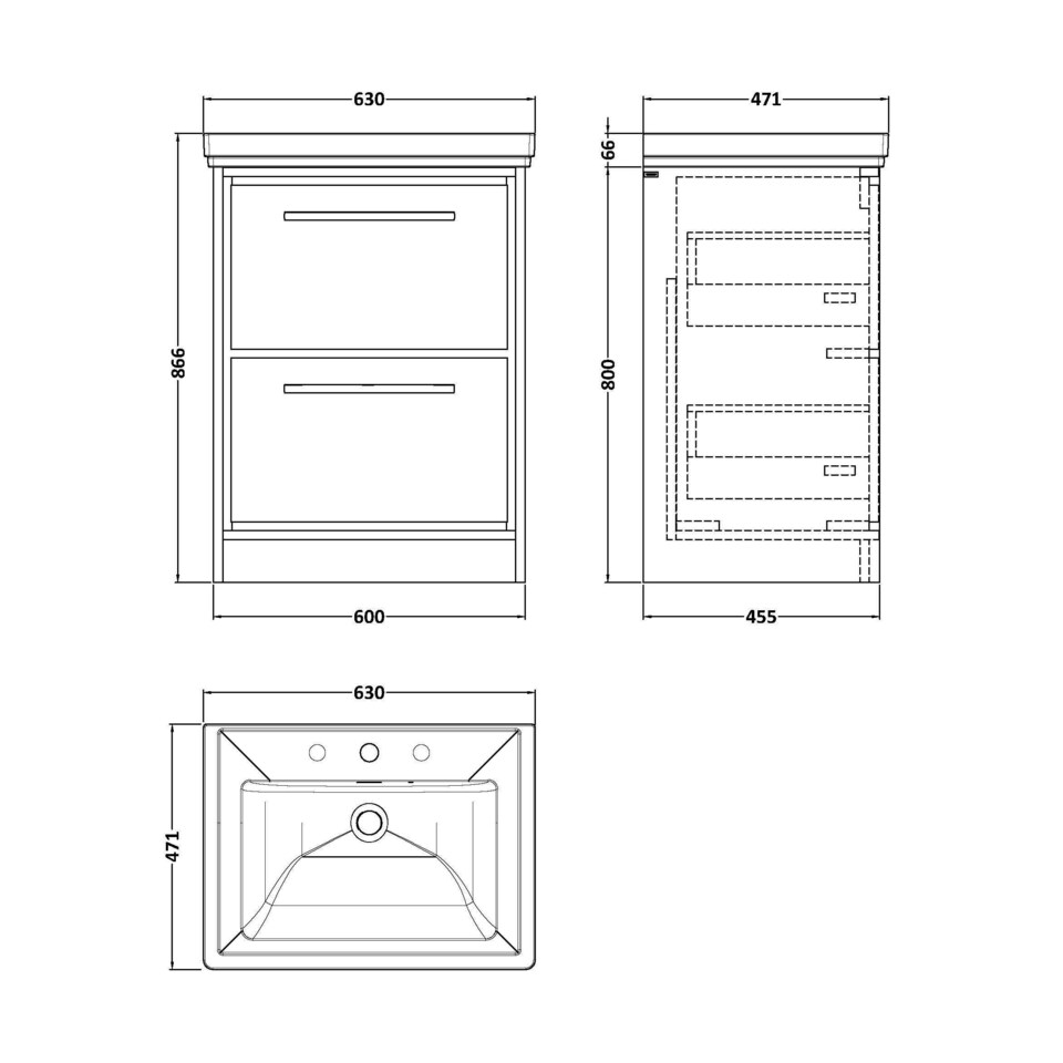 image 1 of Balterley Longnor 2 Drawer Floor Standing Vanity Unit with 3 Tap Hole Traditional Fireclay Basin, Antique Oak, 600mm