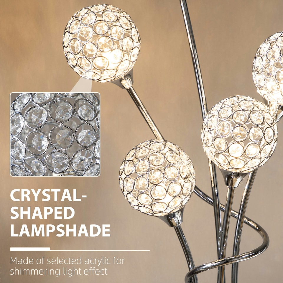 image 1 of HOMCOM Modern Floor Lamp w/ K9 Crystal Shade, 5 Light, for Living Room, Silver