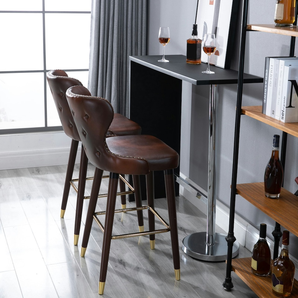 image 1 of HOMCOM Luxury Bar Stools Set of 2 with Back, PU Leather Upholstery, Brown