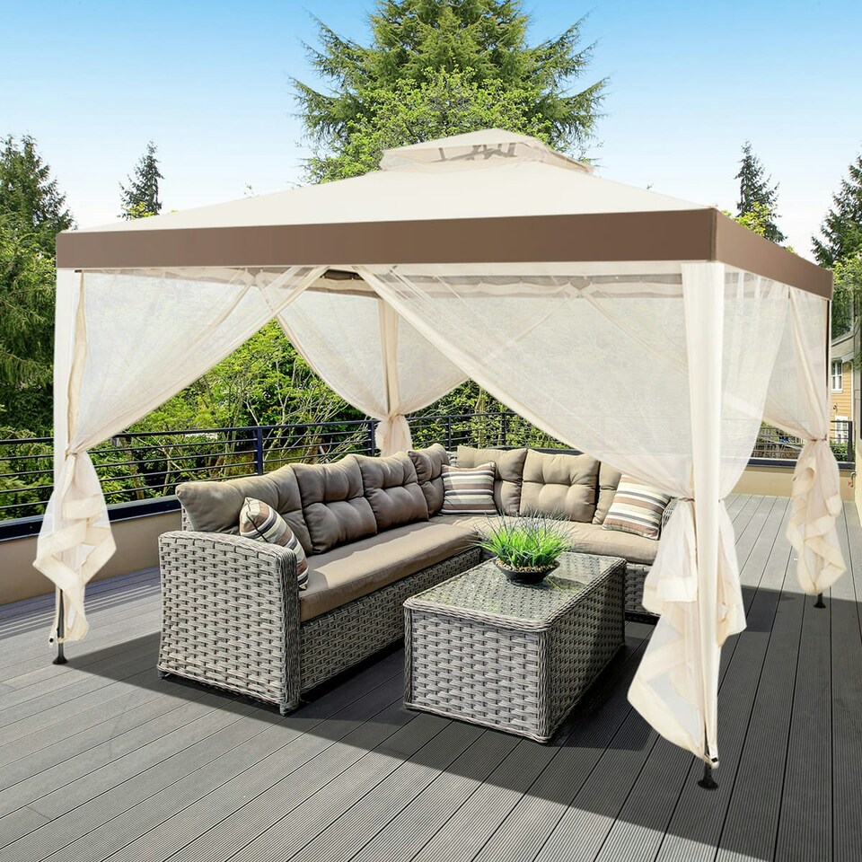 image 1 of COSTWAY Outdoor 3m x 3m Gazebo Tent Camping Canopy Beige