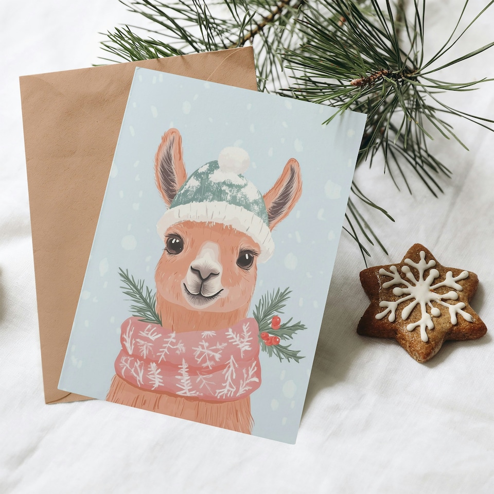 image 1 of Greeting Card Cute Llama Snow Ball Hat Winter Scarf Fun Modern For Her Woman Xmas Christmas Card