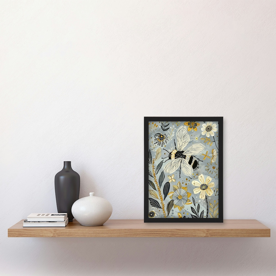 image 1 of Spring Flower Honey Bee Rustic Floral Black Framed Wall Art Print A4