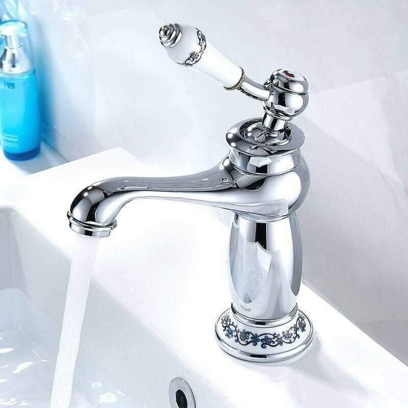 Ceramic basin faucet mixer brass ceramic sink faucet black and white long neck vintage floral with cold/hot water inlet bathroom