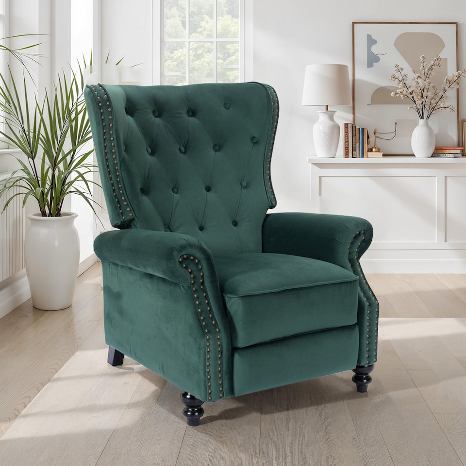 image 1 of Velvet Bottle Green Buttoned Carmona Wingback Recliner Chair