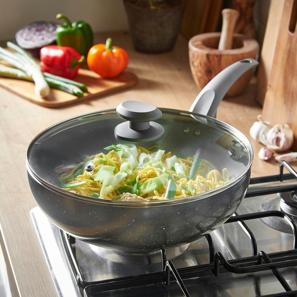 image 1 of VonShef Non-Stick Wok, Aluminium with Marble Finish, Lid & Stay Cool Handle, 28cm