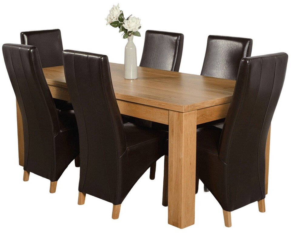 image 1 of Dakota 182 x 92cm Oak Large Dining Table and 6 Lola Leather Chairs | Brown | Brown