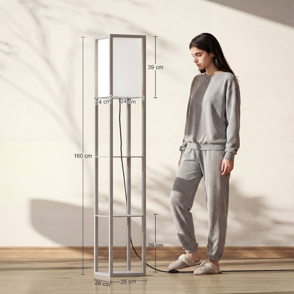 image 1 of HOMCOM Floor Lamp Reading Lamp with 3-Tier Storage Shelf for Home Office Grey