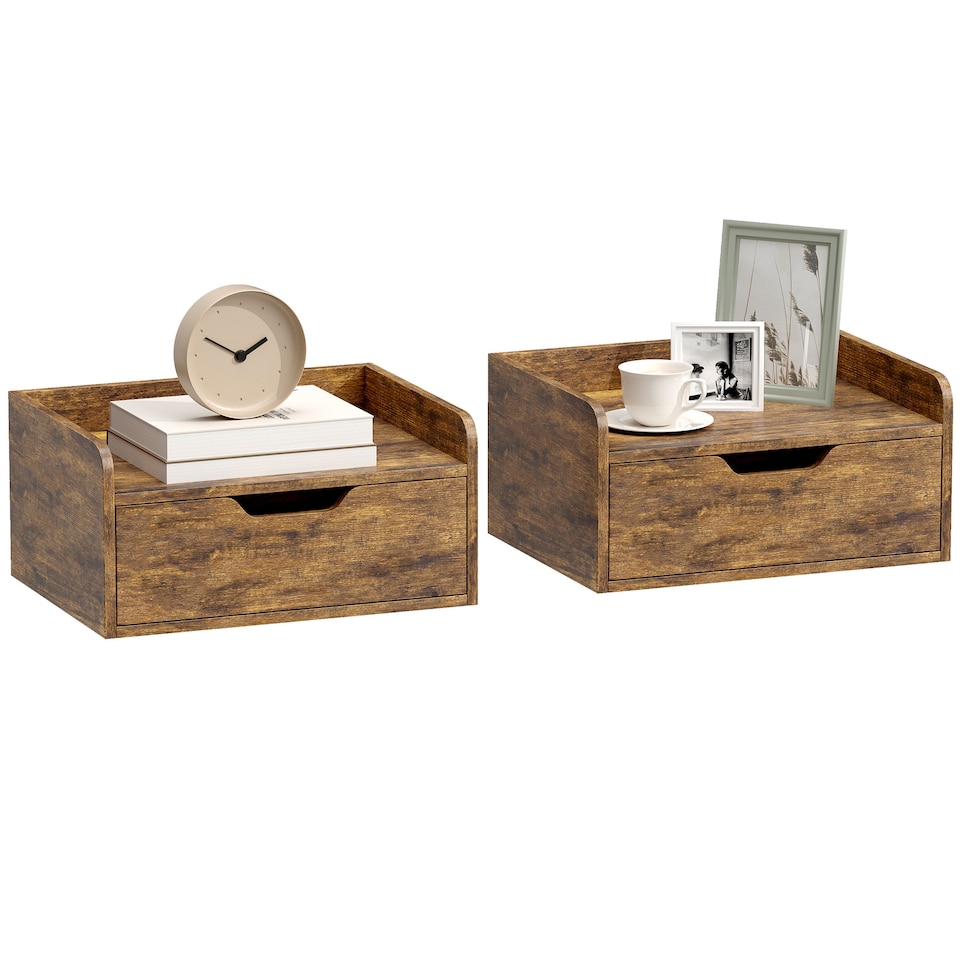 image 1 of HOMCOM Floating Nightstands Set of 2, Nightstand with Drawer | Brown | Natural wood | 40W x 30D x 19.5H cm