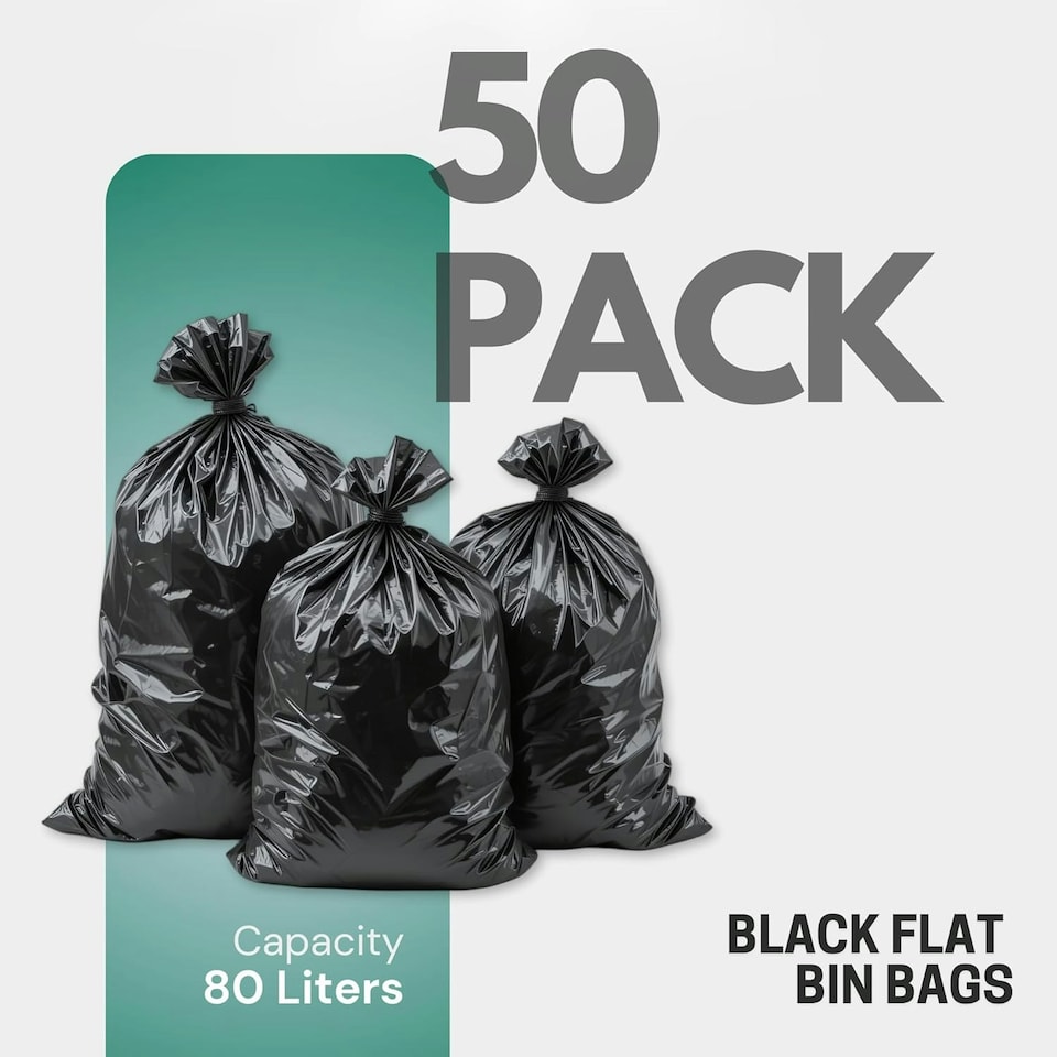 image 1 of Pack of 50 Heavy Duty Black Bin Bags – 80L, Flat Pack