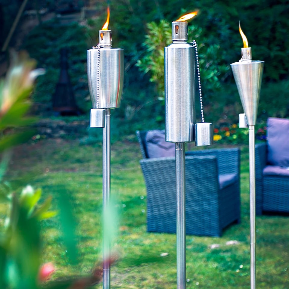 image 1 of Harbour Housewares 146cm Metal Garden Torches - Cylinder - Outdoor Lighting Oil Fuel Lamp Candle Flame Lantern | Silver | Silver | 2