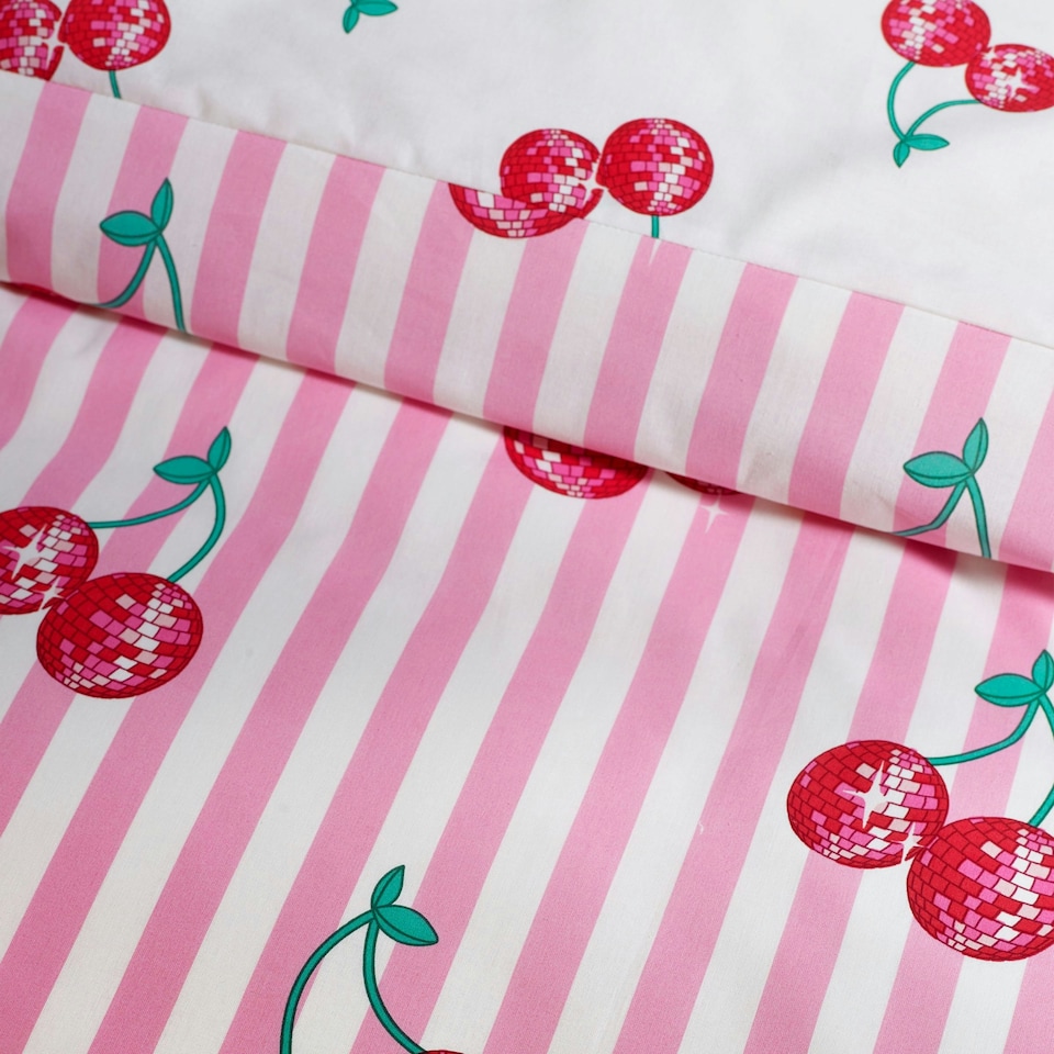 image 1 of Catherine Lansfield Disco Cherries Stripes Reversible Duvet Cover Set Pink Pink | Double