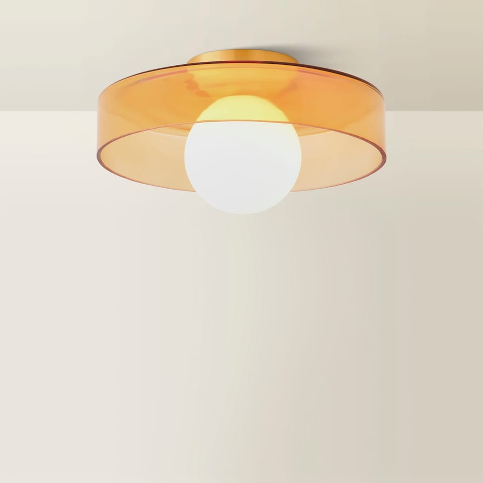 image 1 of ValueLights Newbury Amber Glass IP44 Flush Ceiling Light | Yellow