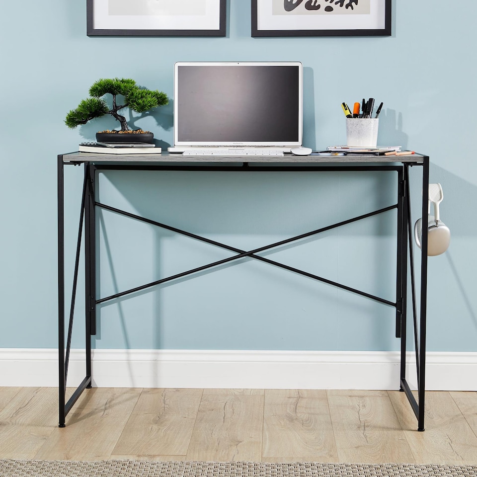 image 1 of Folding Compact Desk Storage Hook Wood Metal Office Computer Table Workstation | Grey