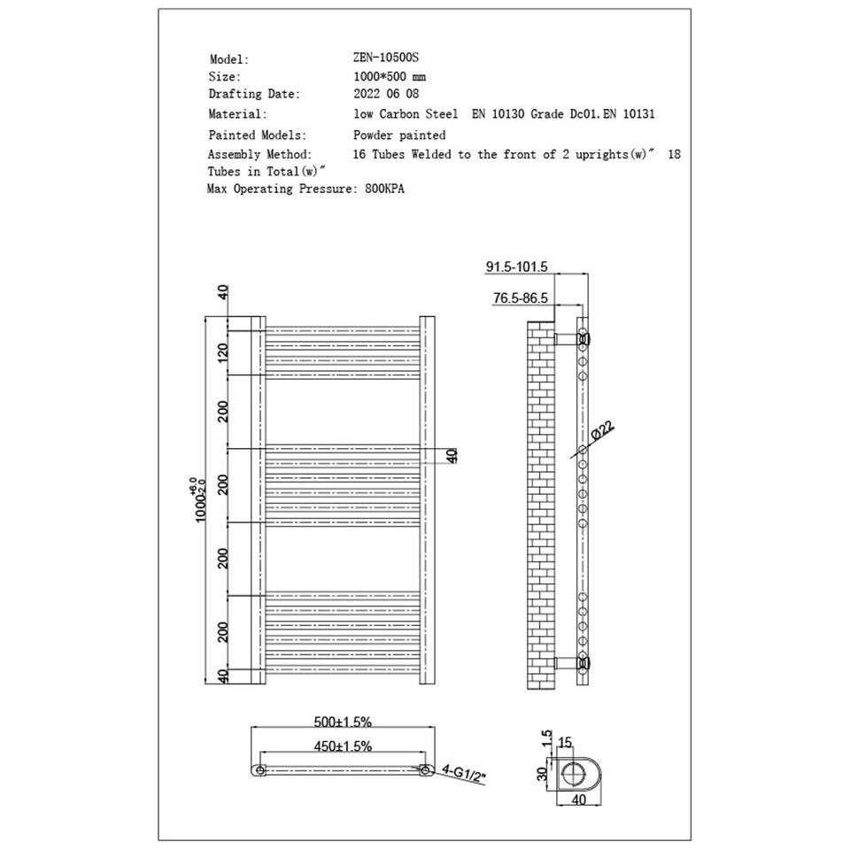 image 1 of Zennor - Anthracite Heated Towel Rail - H1000mm x W500mm - Straight