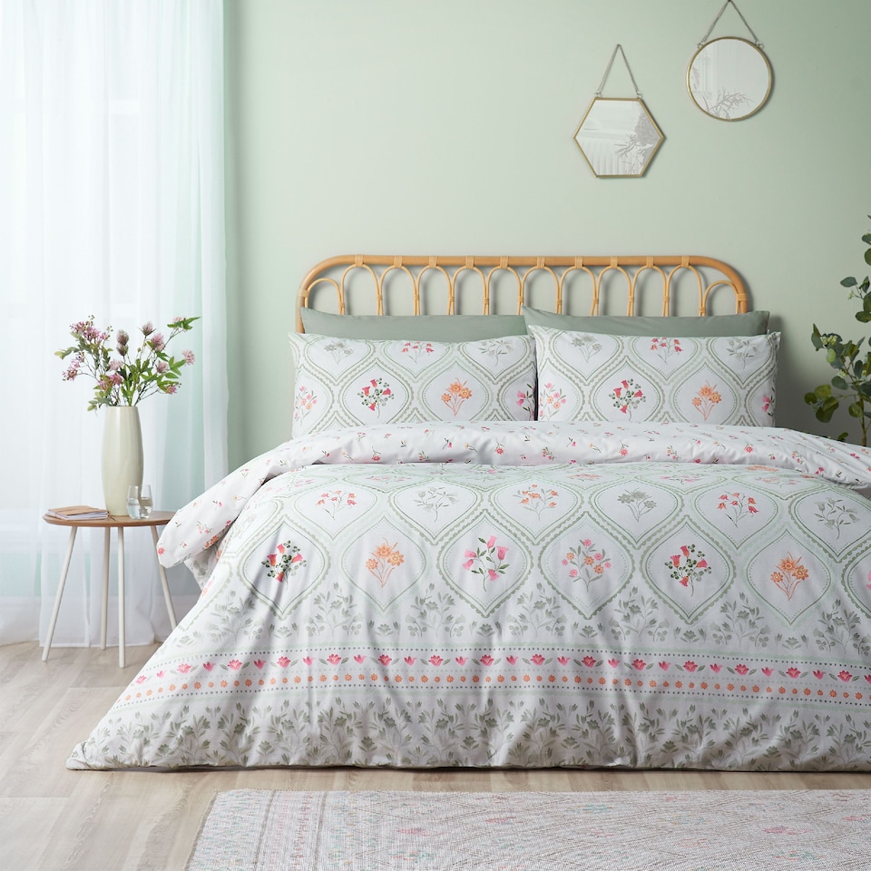 image 1 of Catherine Lansfield Cameo Floral Reversible Duvet Cover Set | Green | Soft Green | King