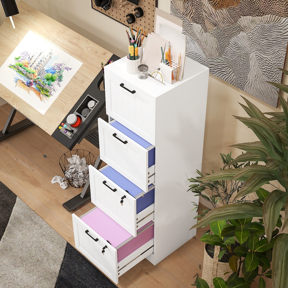 image 1 of HOMCOM 4 Drawer File Cabinet with Lock, Vertical Filing Cabinet with Adjustable Hanging Bars for A4 and Letter Size File Folders, Printer Stand with Storage, White | White | White