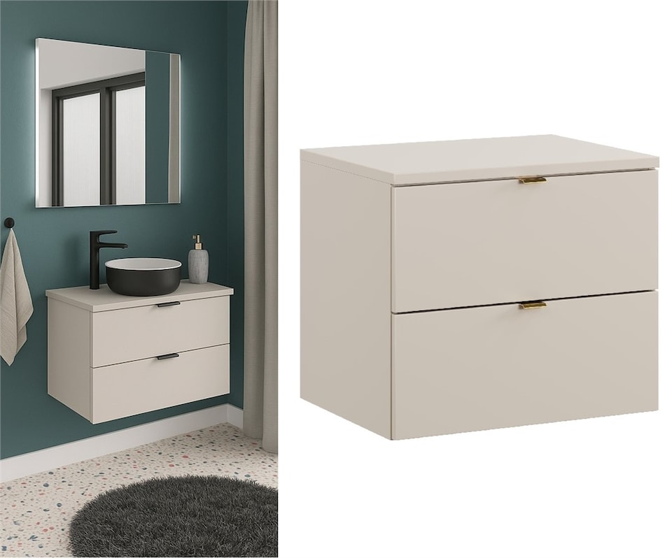 image 1 of Bathroom Vanity Unit 600mm Wall Cabinet with Worktop Floating 2 Drawer Cashmere Beige Modern Countertop Unit Slab Front Dalia