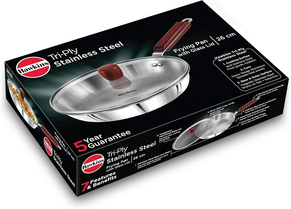image 1 of Hawkins Triply 3 mm Stainless Steel Frying Pan Glass with Lid