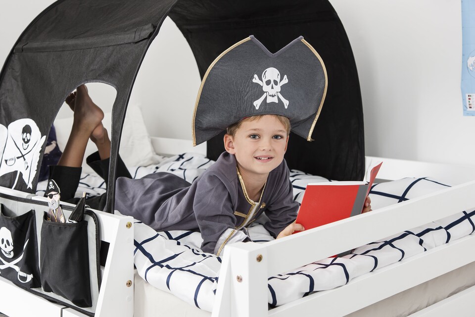 image 1 of Moro Kids Cabin Bed Midsleeper with Pirate Hideaway Tent, Tower & Tunnel in White