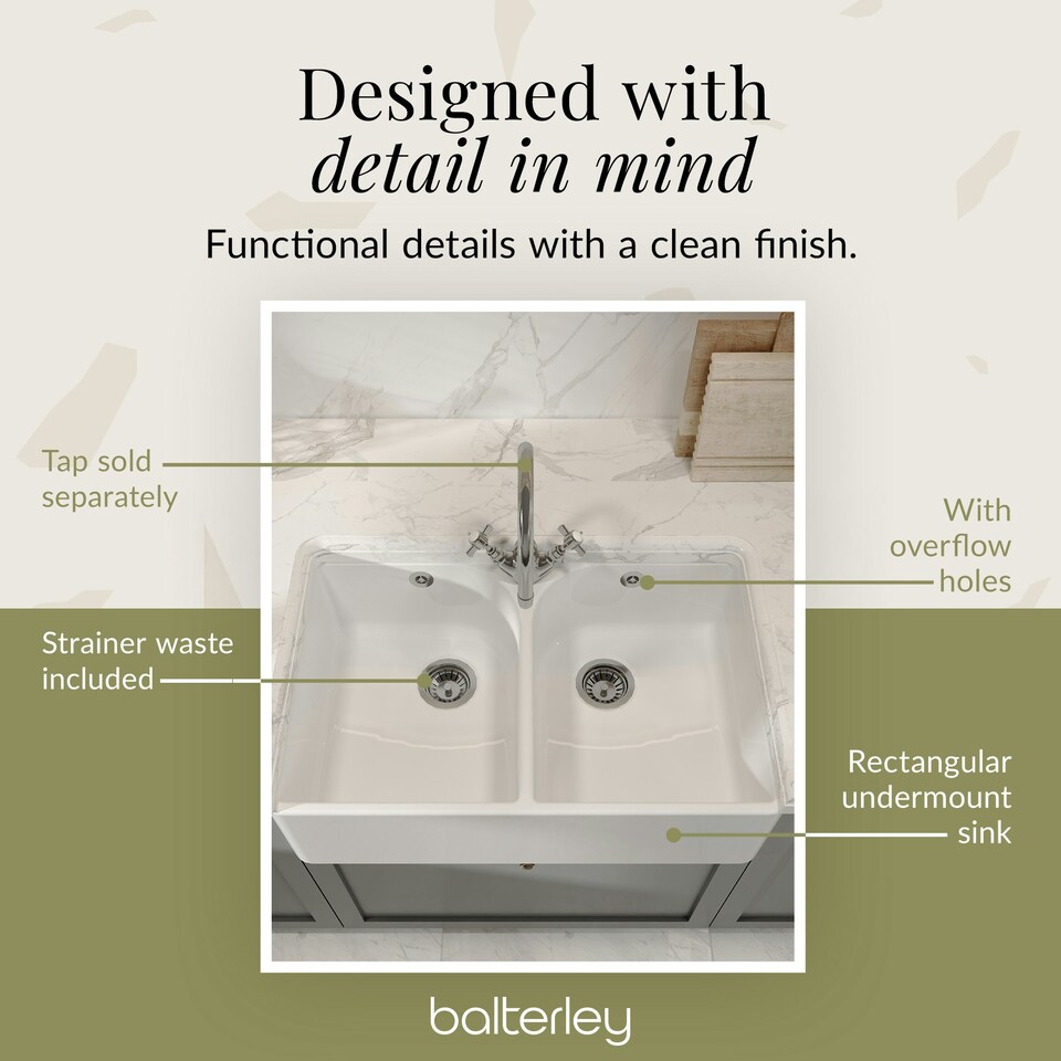 image 1 of Double Bowl Fireclay Ceramic Butler Kitchen Sink with Full Weir, Overflows & Wastes