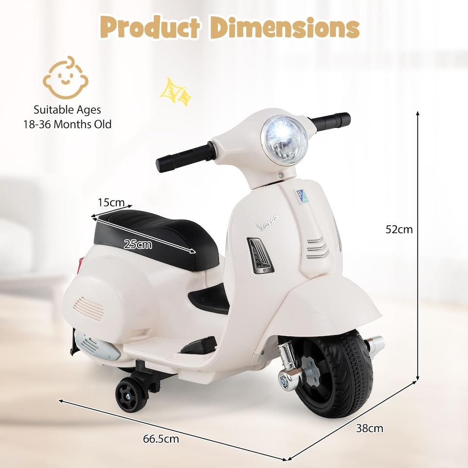 image 1 of COSTWAY Licensed Vespa Kids Ride on Motorcycle 6V White