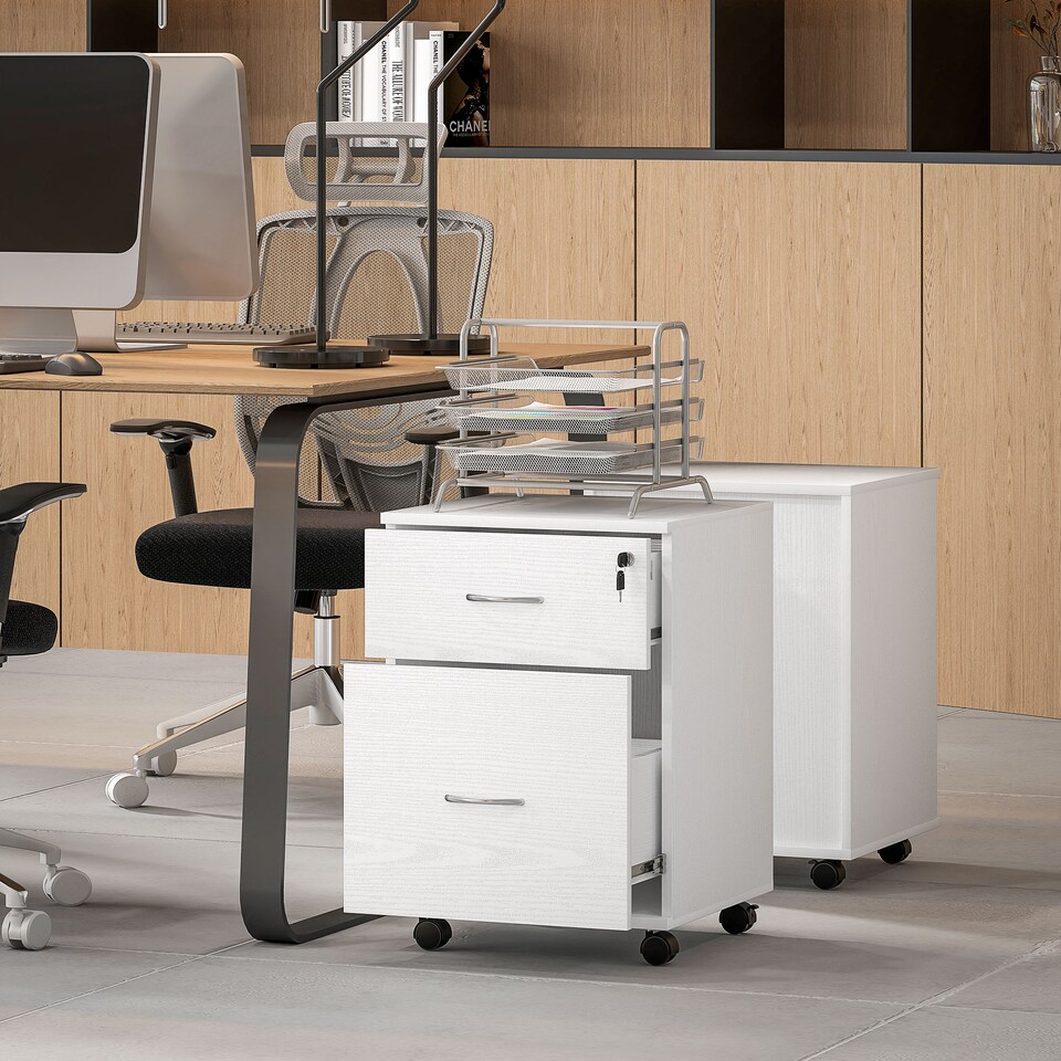 image 1 of HOMCOM 2 Drawer Lockable Filing Cabinet with Wheels, Mobile Filing Cabinet for Home Office, Small Printer Stand, White Wood Grain