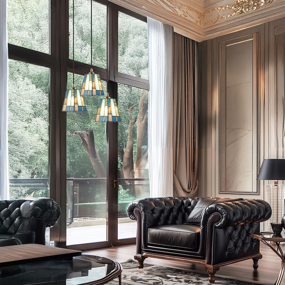 image 1 of Art Denergy savingTiffany Glass Pendant Shade with Pale and Navy Blue Panels | Blue