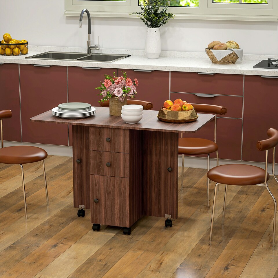 image 1 of HOMCOM Folding Dining Table, Drop Leaf Table With Drawers Distressed Brown