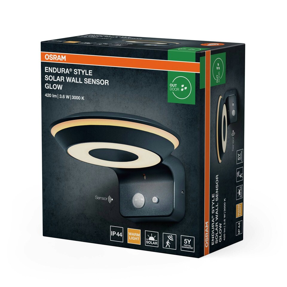 image 1 of OSRAM ENDURA Style Glow Solar Wall Light Sensor 3000K Grey