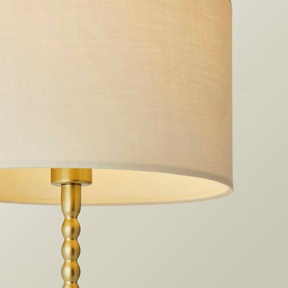 image 1 of ValueLights Maeve Natural Drum Lamp Shade Brushed Gold Bobbin Bobble Table Lamp and LED Bulb Gold