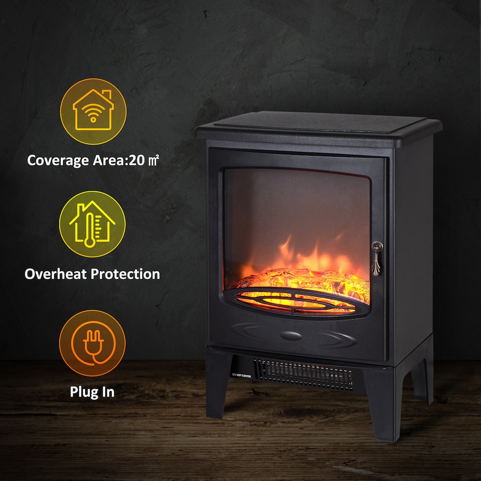 image 1 of HOMCOM Tempered Glass Casing Electric Fireplace, Freestanding Electric Fire with Realistic Flame Effect, Log Burner with Overheat Protection, 950w 1850W, Black