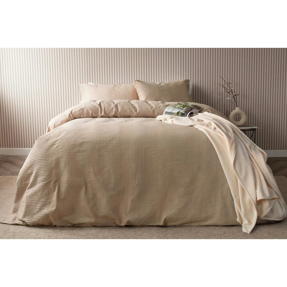 image 1 of Belledorm Waffle Stripe Duvet Cover Set - Latte - Single Brown | Single