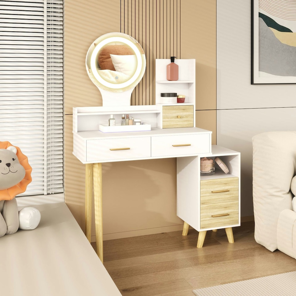 image 1 of HOMCOM Dressing Table with Mirror, Vanity Table with LED Lights, White