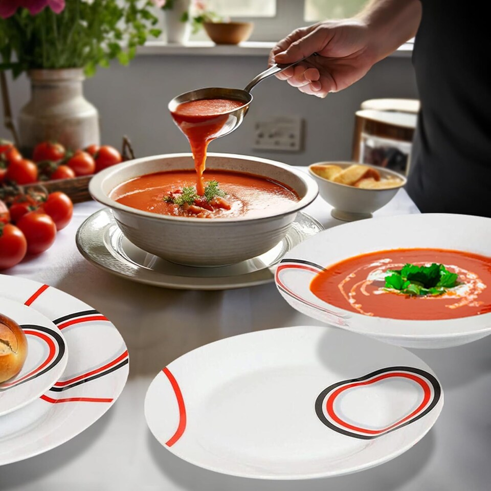image 1 of 16 Piece Dinner Set Red & Black Pattern Dinnerware Plates Mugs Home