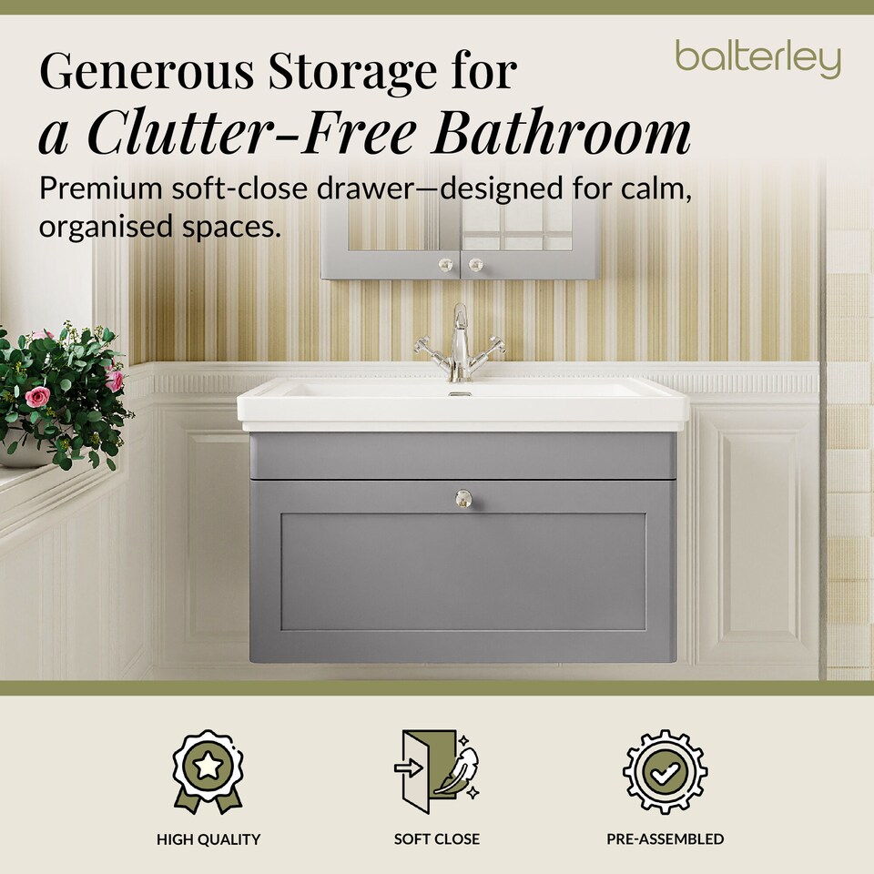 image 1 of Bathroom Wall Hung 1-Drawer Vanity Unit & Fireclay Basin, Grey, 800mm | Grey | Satin Grey | 470 x 830 x 496mm